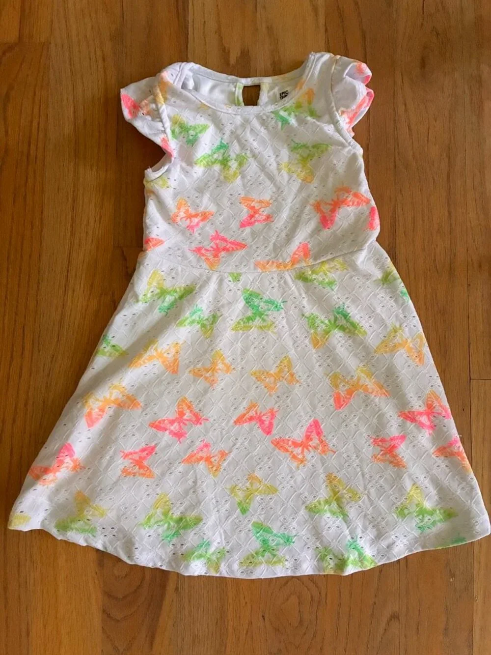 Epic Threads Girls Size 6 White Eyelet Neon Butterfly Dress Flutter Sleeve